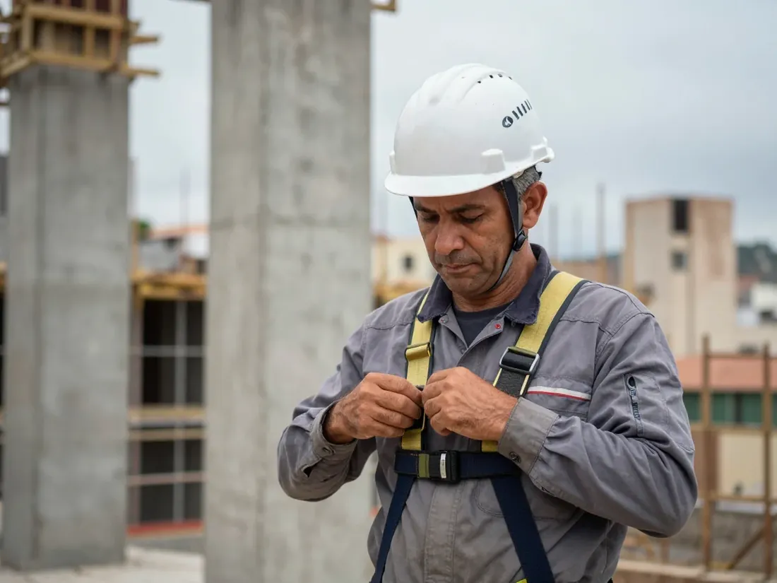 Trabalhador da construção civil ajustando o cinto de segurança em uma obra