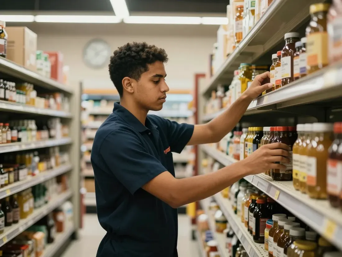 Funcionário de supermercado repondo prateleiras no fim de um turno noturno